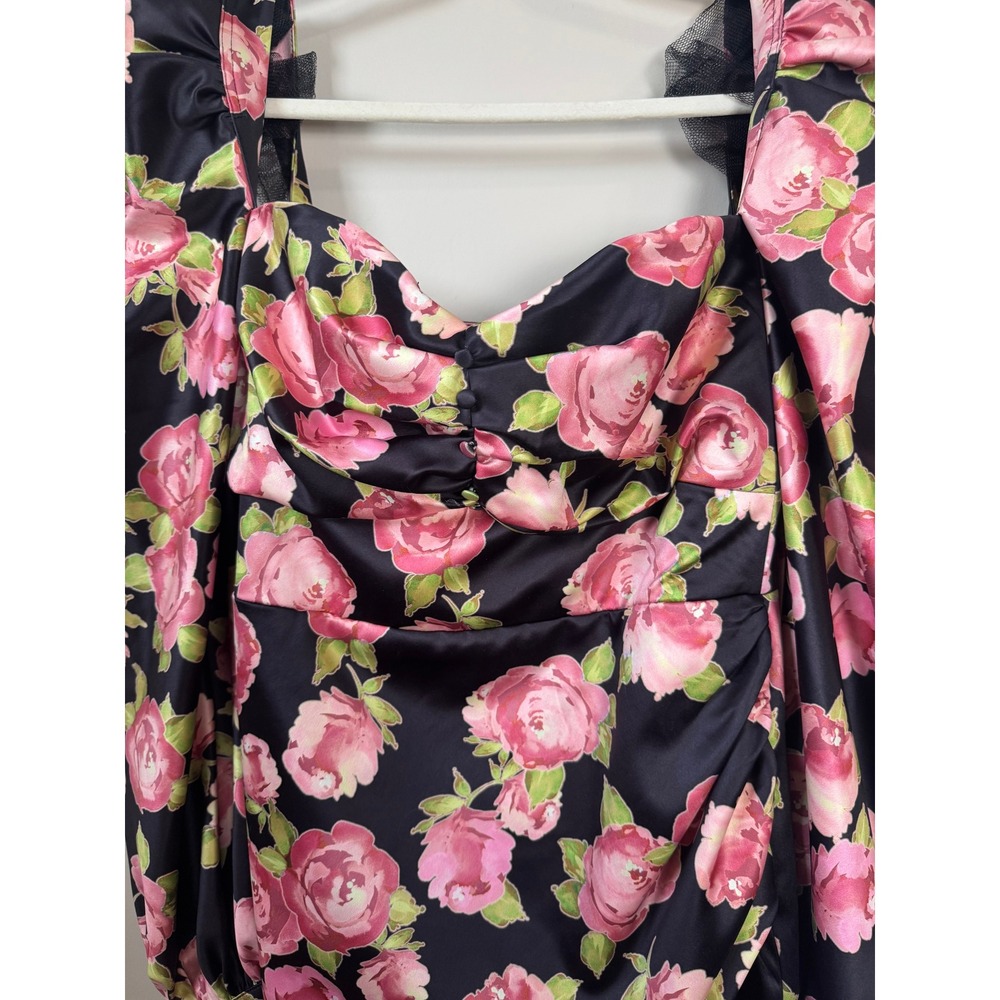 House of CB Black Pink Floral Satin Puff Sleeve Mini Dress Size L Rose Print - Picture 5 of 10